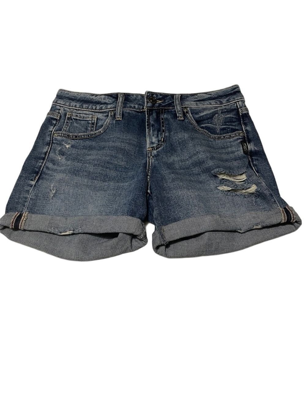 Silver Jeans Co. Boyfriend Blue Distressed Denim Roll-Cuff Women's Shorts Sz 25